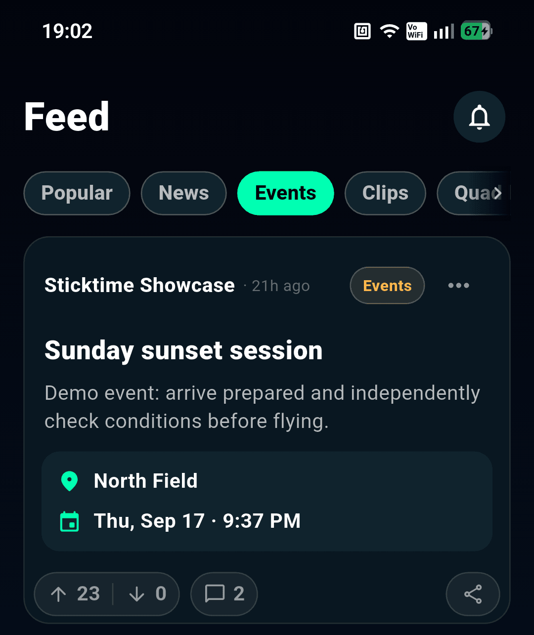 A community flying event in the Sticktime feed.