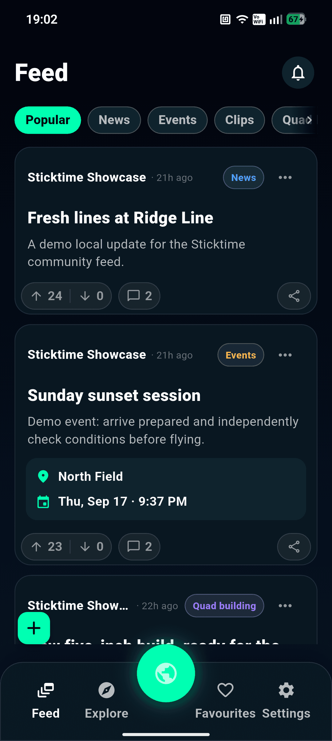 Sticktime's community feed containing FPV posts and flying sessions.