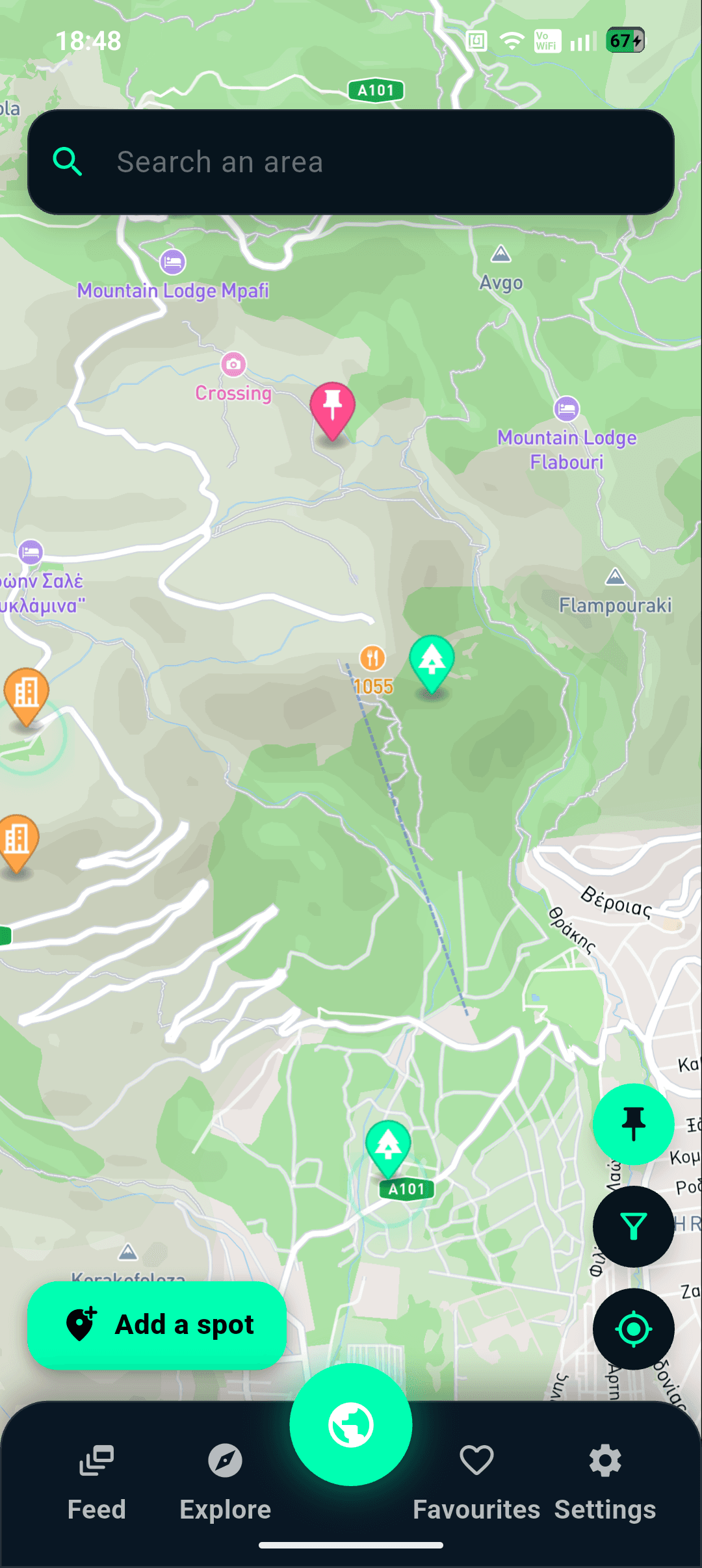 Sticktime's map showing a saved scouting pin to check later.