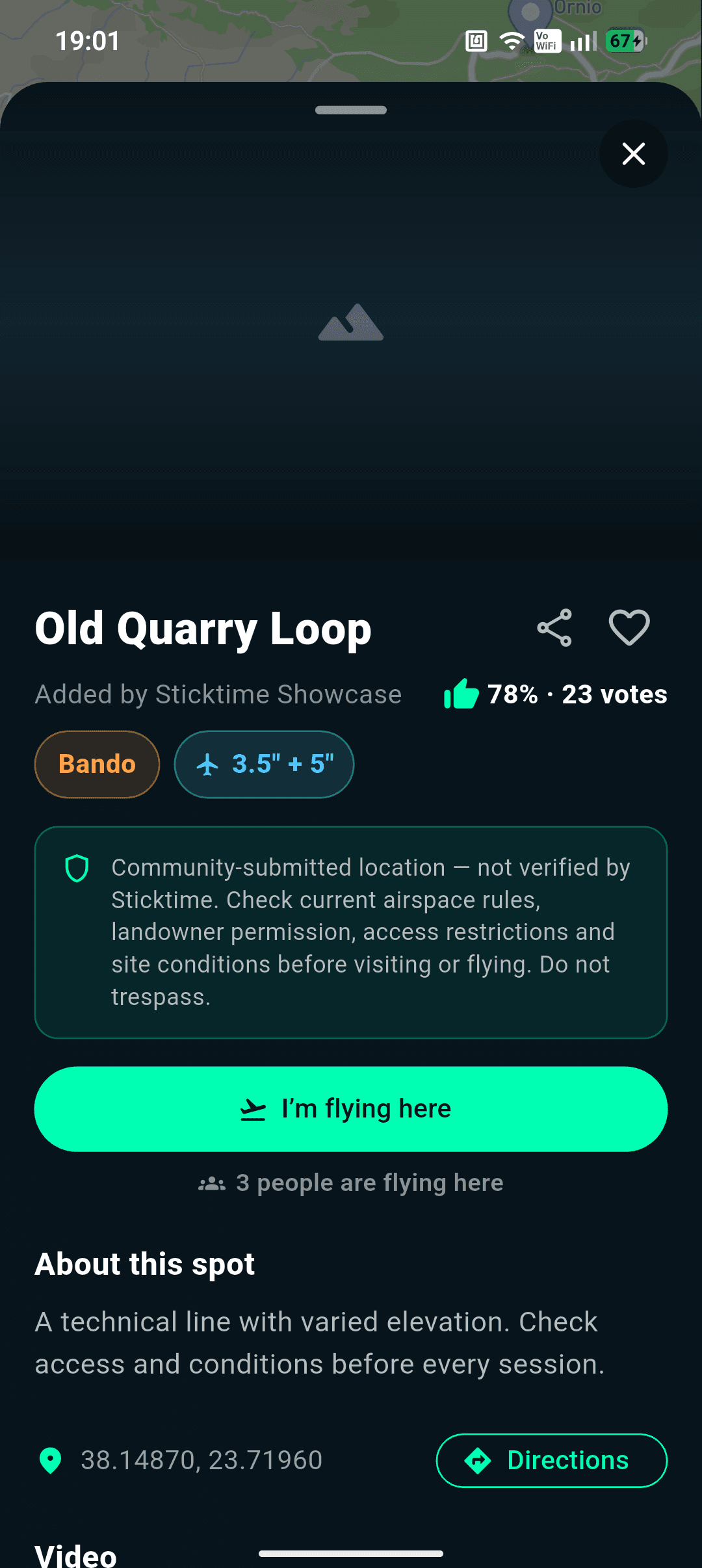 A Sticktime flying spot with its activity and session controls visible.